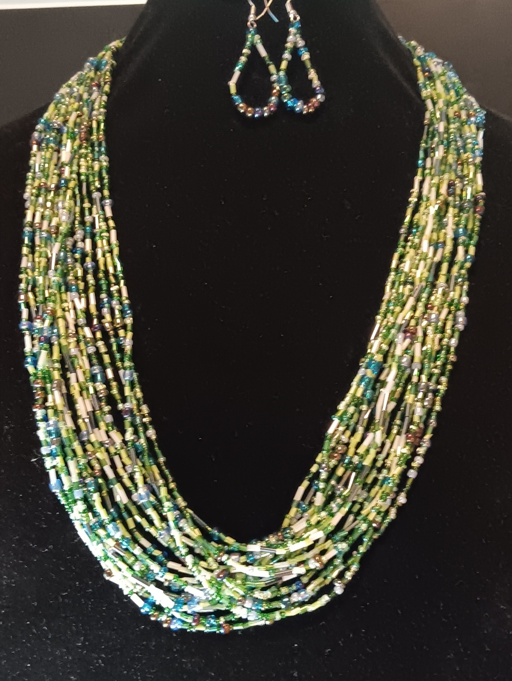 Multi-Strand Green Beaded Necklace and Earring Set by